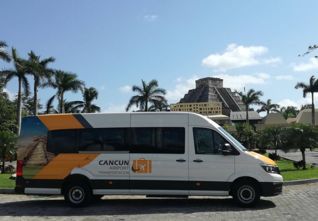 Group Transportation van with Mayan Pyramid in the background